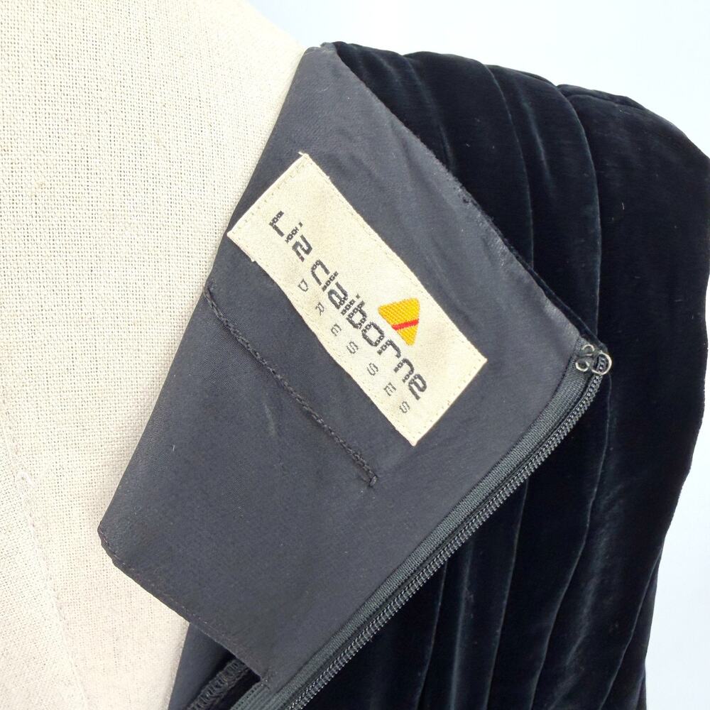 Vintage 80s Liz Claiborne Black Velvet Power Shoulder Glam Midi Dress - Picture 7 of 9